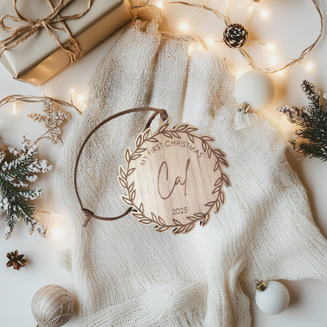 Personalized My First Christmas Ornament - Engraved Wreath Design